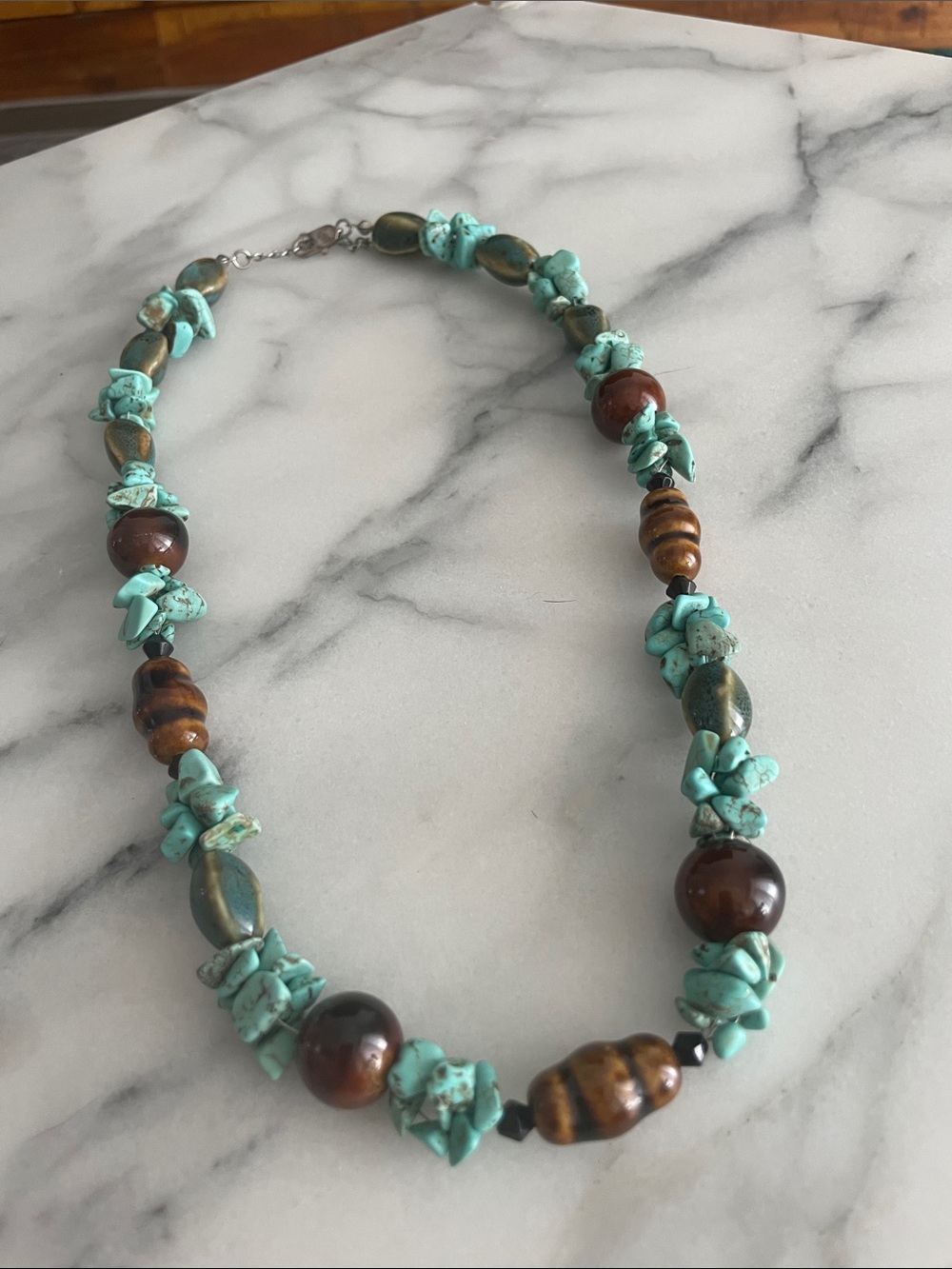 Vintage 1970s Turquoise and Tiger Eye Beaded Necklace - Women Jewelry